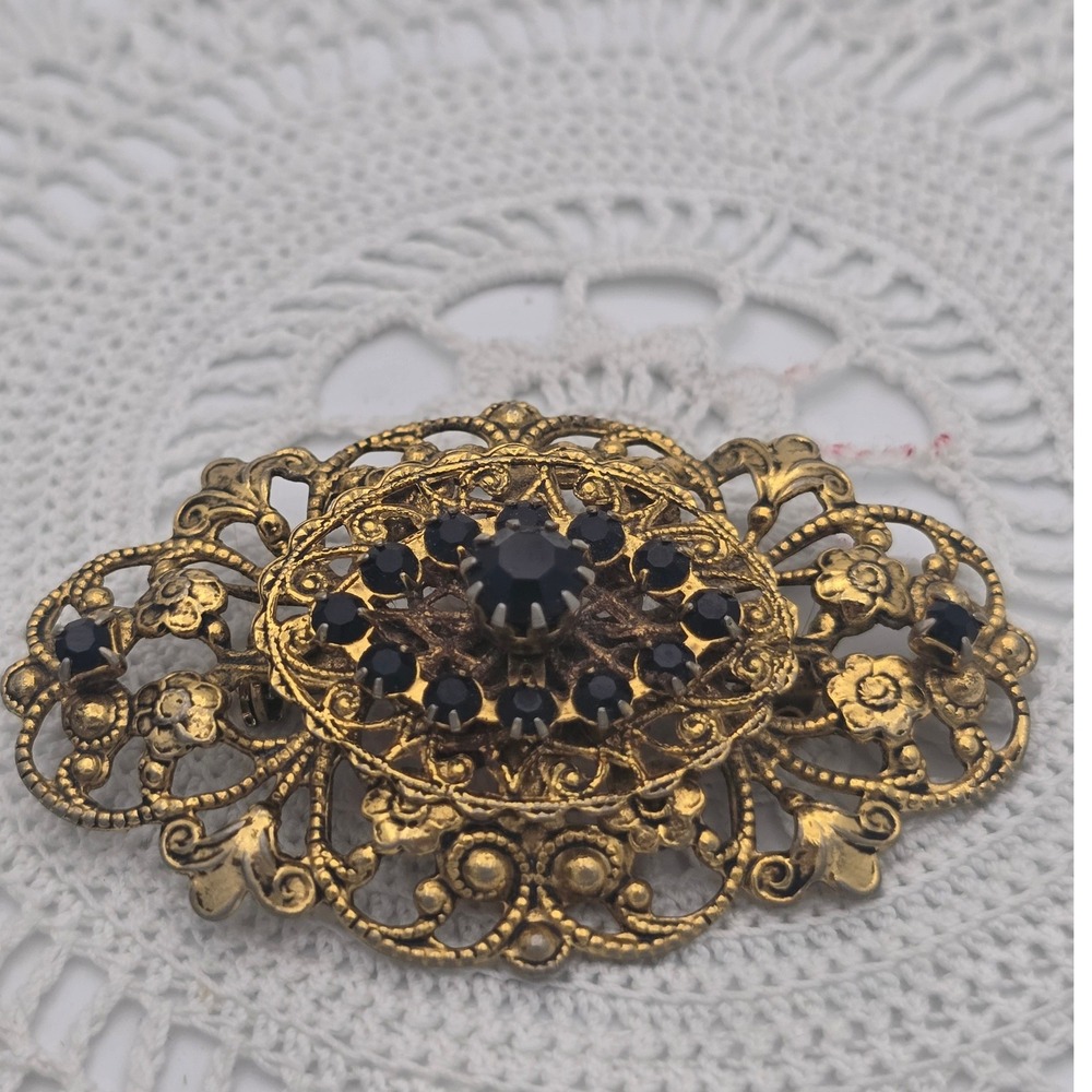 Vintage Filigree Brooch Gold Black Rhinestone Ornate Floral Pin